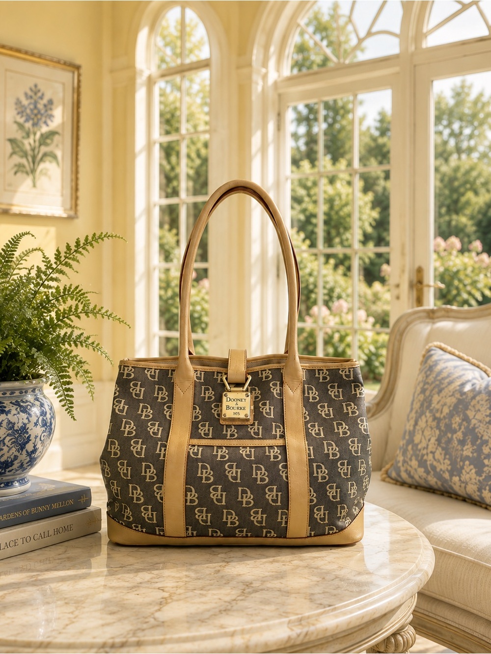 Vintage Dooney & Bourke Monogram Gray Tote | Cream Signature & Vachetta